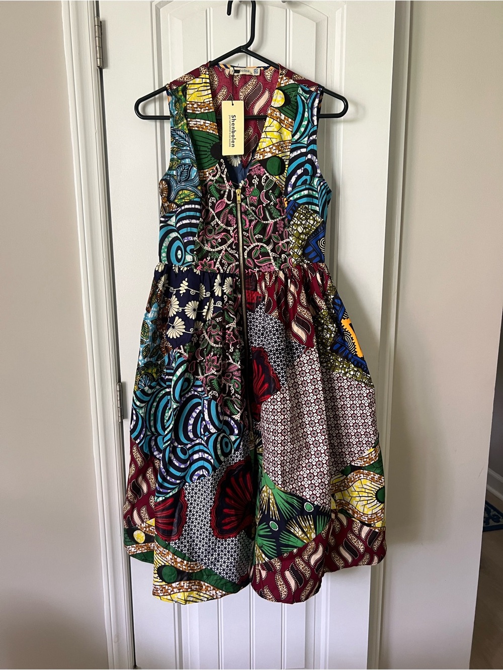 NWT zip up patchwork boho dress - wax fabric - pockets!